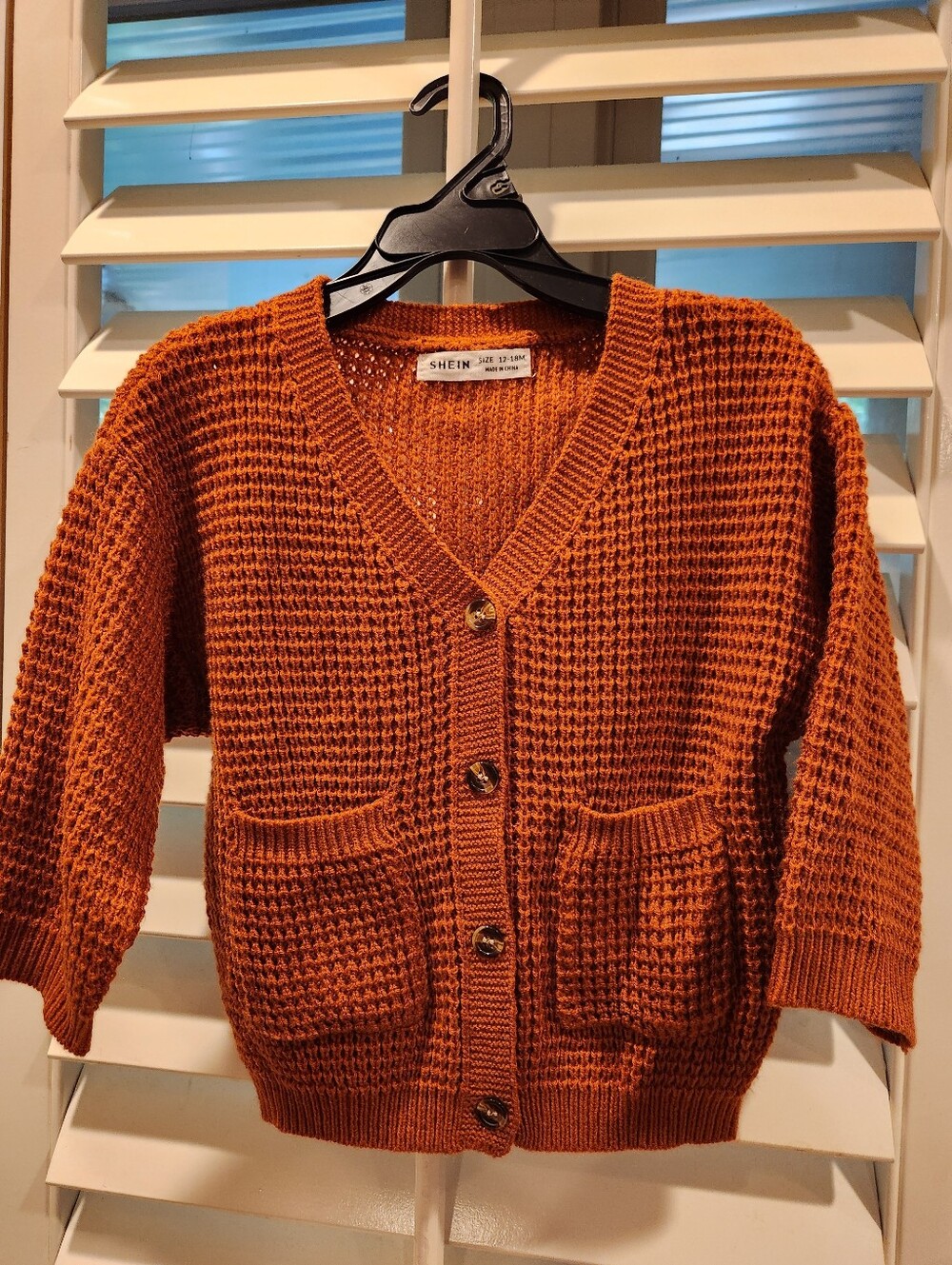 SHEIN Rust Orange Waffle Knit Button-Front Cardigan, Size 12-18M